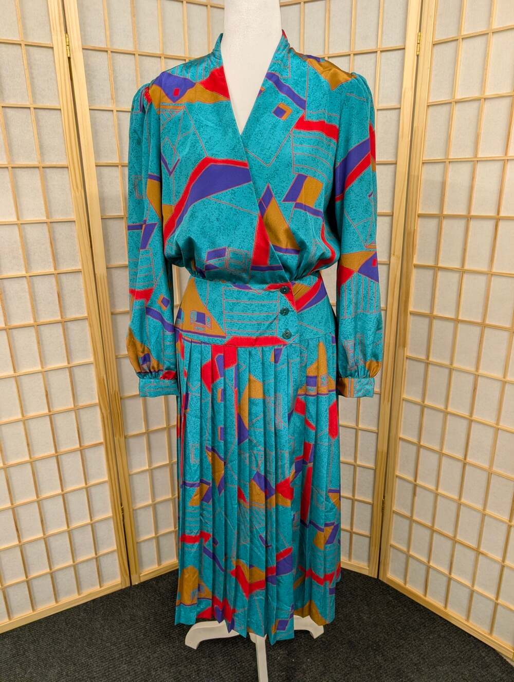 Vtg 80s Blouson Maxi Dress long sleeved green abstract geometrical Size Small